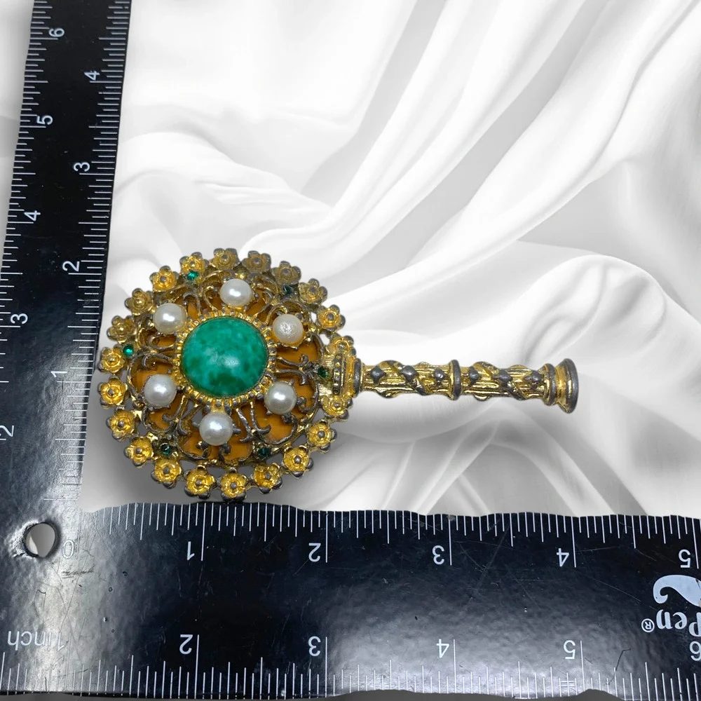 Vtg Ormolu Filigree Gold Gilt Miniature Hand Mirror Faux Pearl Green Cabochon